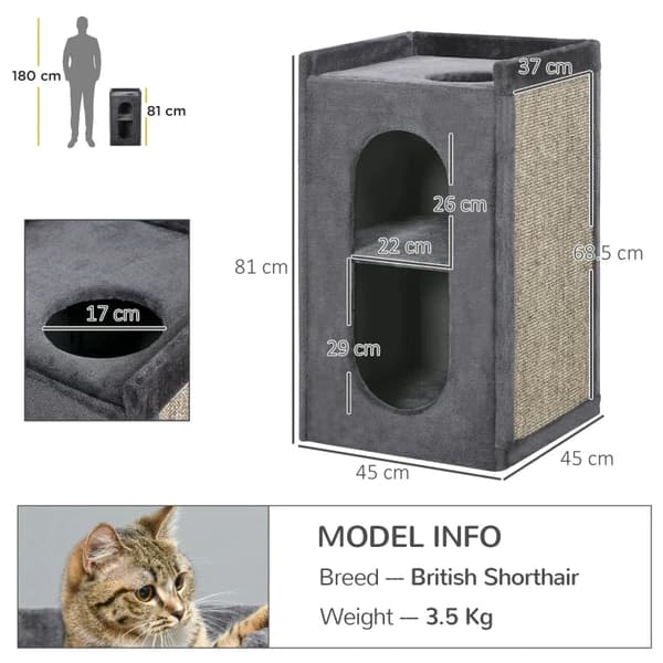 Rootz-skrabetønde med 2 kattehuler - Kattetårn - 1 liggeflade - Sisal-skrabemåtte - Plys - Spånplade - Grå + Natur - 45L x 45W x 81H cm