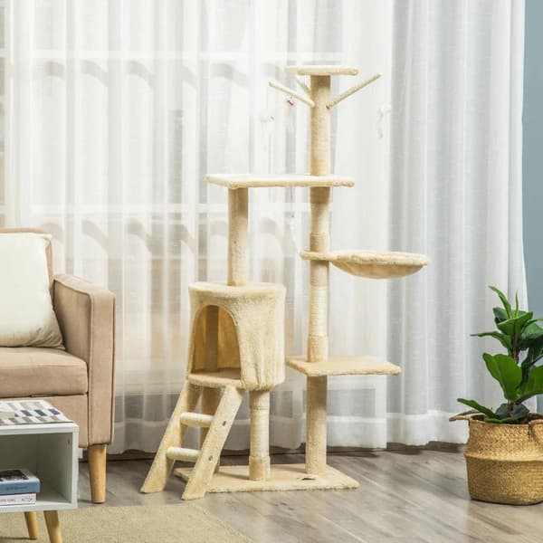 Rootz Scratching Post - Cat Tree - Cat Climbing Tree - Climbing Tree - Cat Scratching House - Cat Cave - 4 Toys - Beige + White - 50 x 35 x 134.2 cm
