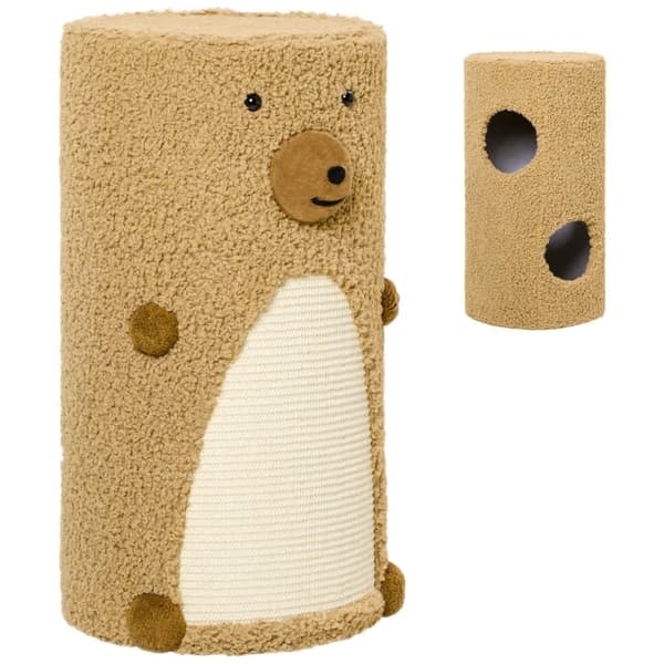 Rootz Bear Design Kradse Tønde - Kattetårn - 2 Kattehuler - 1 Skrabeflade - Spånplade - Hvid + Brun - 35L x 35W x 66H cm