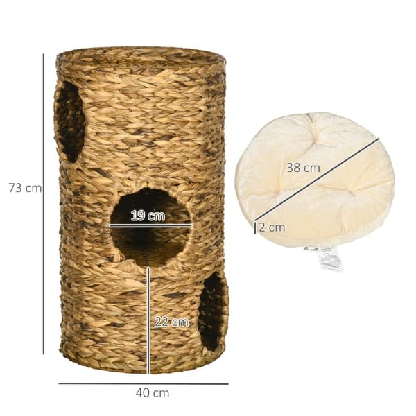Rootz Cat Cave - 3 Tier 3 Entré - Boho Design med kudde - Ljusbrun + Krämvit - 40cm x 40cm x 73cm