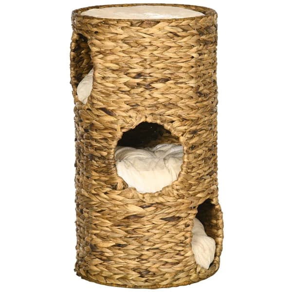 Rootz Cat Cave - 3-trins 3-indgang - Boho Design med pude - Lysebrun + Cremehvid - 40 cm x 40 cm x 73 cm