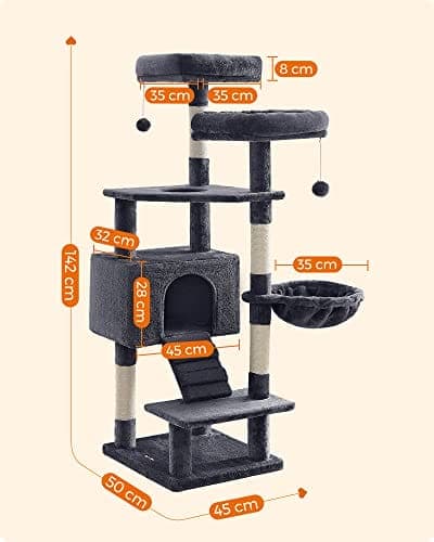 Feandrea Cat Tree, Cat Tower 142 cm, Cat Activity Center, Smoky Grey