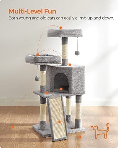 Feandrea Cat Tree, Cat Condo 115 cm, raapimisramppi, vaaleanharmaa