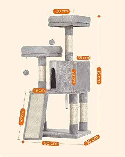 Feandrea Cat Tree, Cat Condo 115 cm, raapimisramppi, vaaleanharmaa