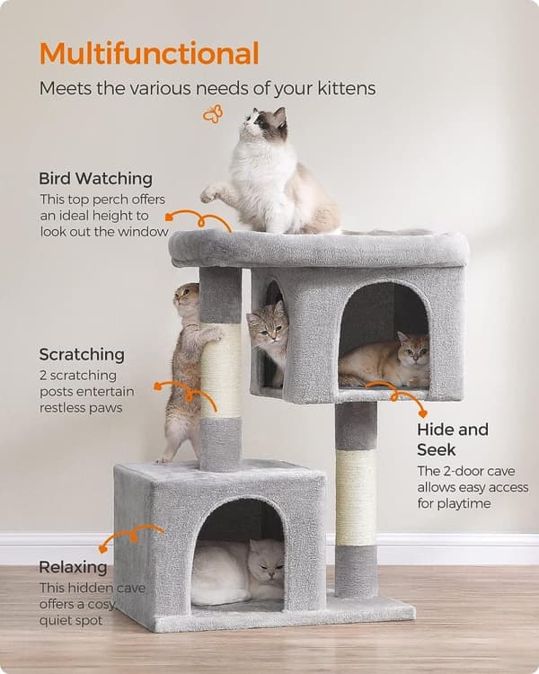 Feandrea Cat tree 101 cm kissatorni, XL, iso kissa-ahven, 2 kissaluolaa, raapimistolppa, vaaleanharmaa