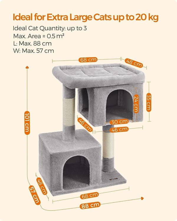 Feandrea Cat tree 101 cm kissatorni, XL, iso kissa-ahven, 2 kissaluolaa, raapimistolppa, vaaleanharmaa