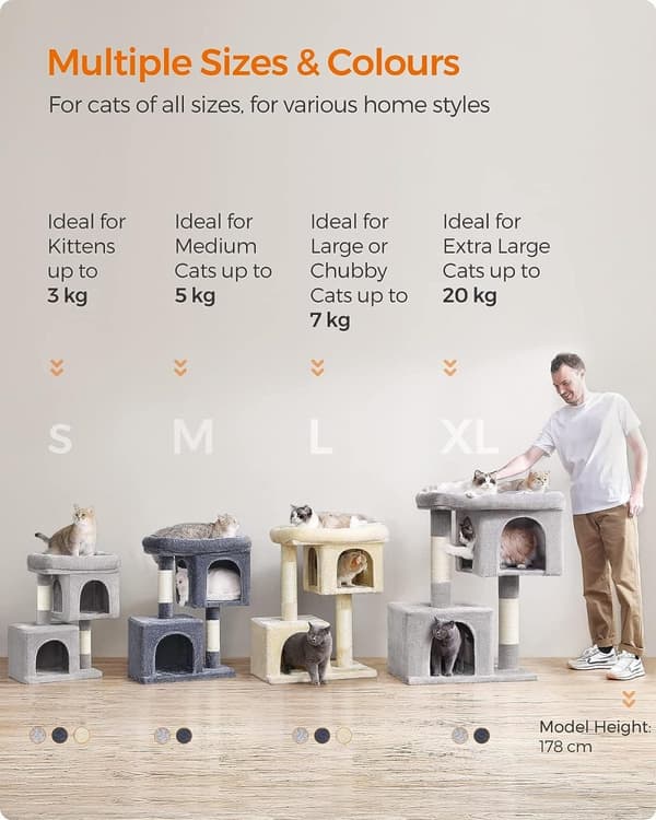Feandrea Cat tree 101 cm kissatorni, XL, iso kissa-ahven, 2 kissaluolaa, raapimistolppa, vaaleanharmaa