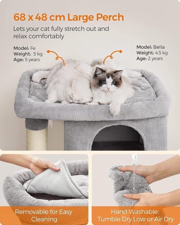 Feandrea Cat tree 101 cm kissatorni, XL, iso kissa-ahven, 2 kissaluolaa, raapimistolppa, vaaleanharmaa