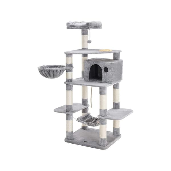 Rootz Cat Bowl - Artificiellt linne - Kattvänlig Mjuk - Stor plattform - Skrapbräda - 1 Korg-2 Hus - Platssparande katt - Carb Certified Chipboard Ply