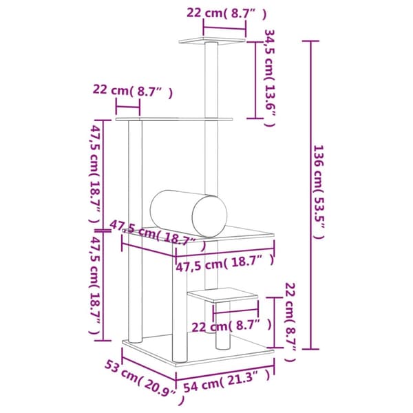 vidaXL Kissan kiipeilypuu sisal- raapimispylväillä tummanharmaa 136 cm
