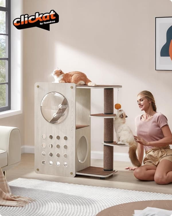 Feandrea Clickat Cat Tree, Modern Cat Tower, Cat House, halkaisija 10,5 cm, Kaurapuuron ruskea ja kahvinruskea