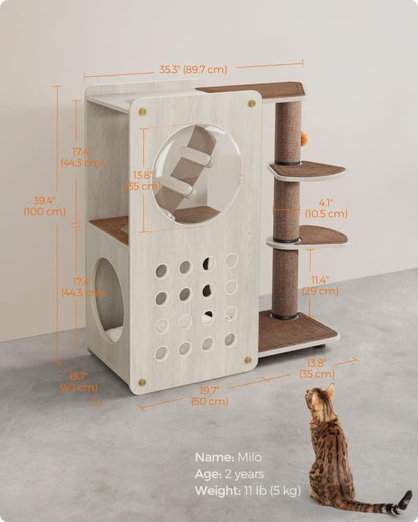 Feandrea Clickat Cat Tree, Modern Cat Tower, Cat House, halkaisija 10,5 cm, Kaurapuuron ruskea ja kahvinruskea
