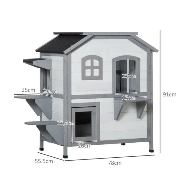 Rootz Cat House - 2 taso - Säänkestävä - Säänkestävä - Liukuikkuna - Massiivipuurunko - Valkoinen + Harmaa - 123L x 63L x 112K cm
