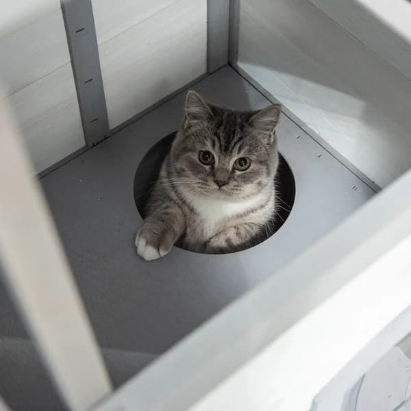Rootz Cat House - 2 taso - Säänkestävä - Säänkestävä - Liukuikkuna - Massiivipuurunko - Valkoinen + Harmaa - 123L x 63L x 112K cm