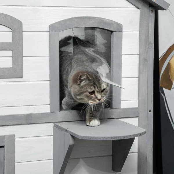 Rootz Cat House - 2 taso - Säänkestävä - Säänkestävä - Liukuikkuna - Massiivipuurunko - Valkoinen + Harmaa - 123L x 63L x 112K cm