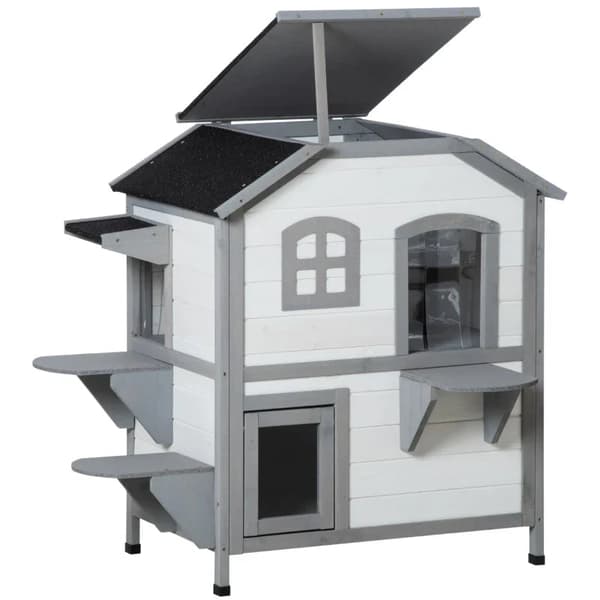 Rootz Cat House - 2 taso - Säänkestävä - Säänkestävä - Liukuikkuna - Massiivipuurunko - Valkoinen + Harmaa - 123L x 63L x 112K cm