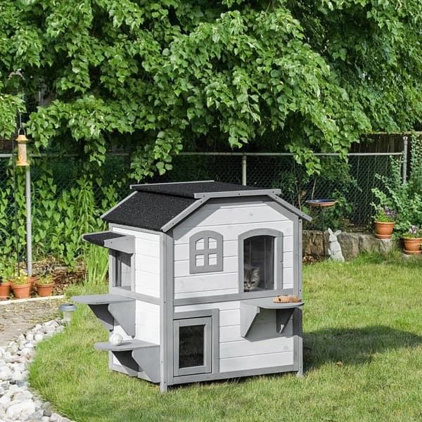 Rootz Cat House - 2 taso - Säänkestävä - Säänkestävä - Liukuikkuna - Massiivipuurunko - Valkoinen + Harmaa - 123L x 63L x 112K cm