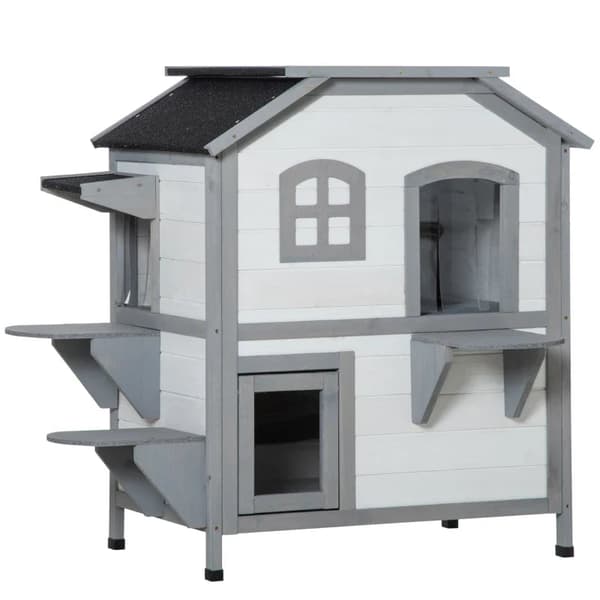Rootz Cat House - 2 taso - Säänkestävä - Säänkestävä - Liukuikkuna - Massiivipuurunko - Valkoinen + Harmaa - 123L x 63L x 112K cm