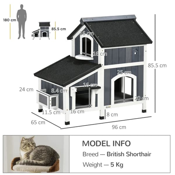 Rootz Outdoor Cat House - To niveauer - Flere indgange - Vandtæt tag - Grå - 96 x 65 x 85,5 cm