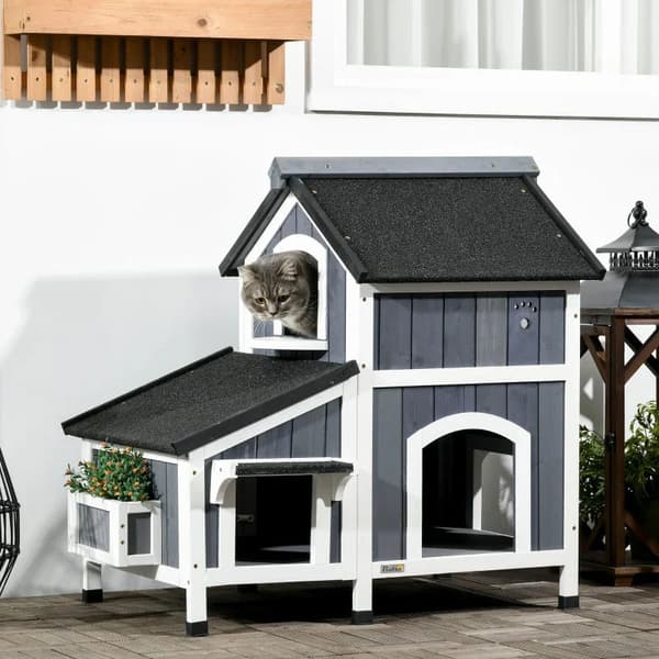Rootz Outdoor Cat House - To niveauer - Flere indgange - Vandtæt tag - Grå - 96 x 65 x 85,5 cm