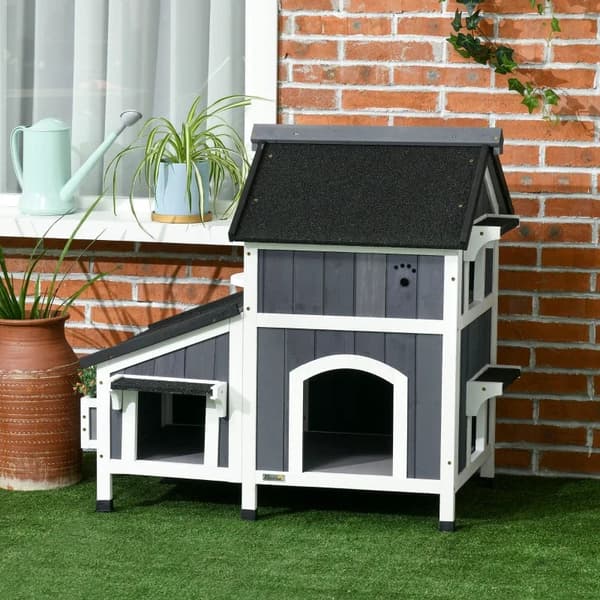 Rootz Outdoor Cat House - To niveauer - Flere indgange - Vandtæt tag - Grå - 96 x 65 x 85,5 cm