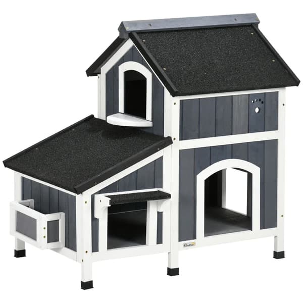 Rootz Outdoor Cat House - To niveauer - Flere indgange - Vandtæt tag - Grå - 96 x 65 x 85,5 cm