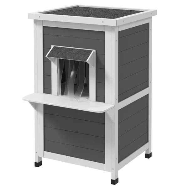 Rootz Cat House - To niveauer - Udendørs - Vejrbestandigt - Grantræ - Hvid + Grå - 60 cm x 60 cm x 81,5 cm