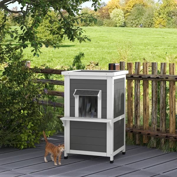 Rootz Cat House - To niveauer - Udendørs - Vejrbestandigt - Grantræ - Hvid + Grå - 60 cm x 60 cm x 81,5 cm