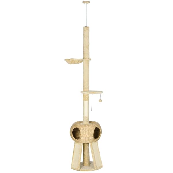 Rootz Kattekradsestolpe - 1 Kattehule - 1 Kattehængekøje - 1 liggeflade - Sisalreb - Naturlig + Beige - 48 cm x 48 cm x 255 cm