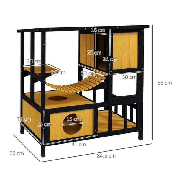 Rootz Cat House - Säänkestävä - Kissaluola - 1 ramppi - 1 taso - Puurunkorakenne - Mänty Puu-kuusi - Musta-keltainen-vihreä - 84,5L x 60L x 88K cm