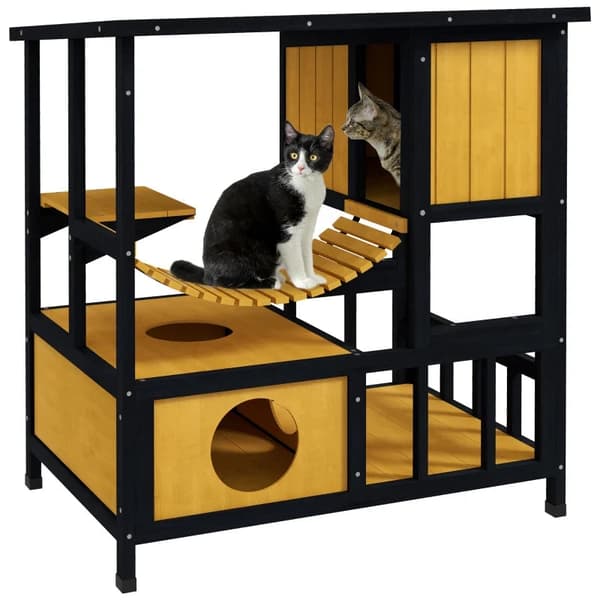 Rootz Cat House - Säänkestävä - Kissaluola - 1 ramppi - 1 taso - Puurunkorakenne - Mänty Puu-kuusi - Musta-keltainen-vihreä - 84,5L x 60L x 88K cm