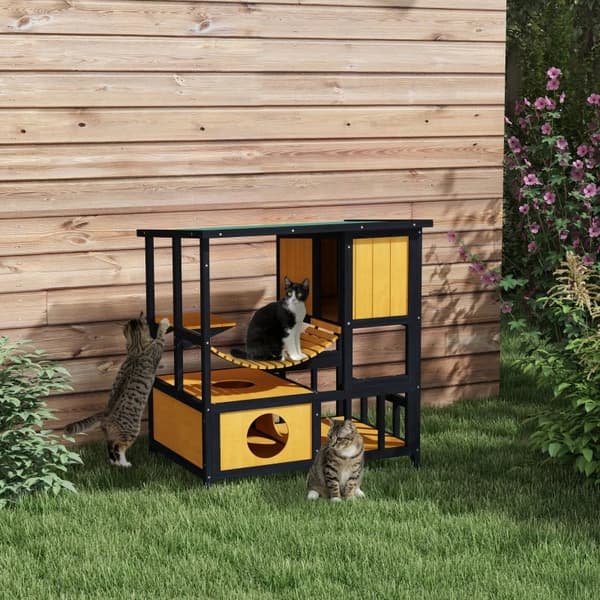 Rootz Cat House - Säänkestävä - Kissaluola - 1 ramppi - 1 taso - Puurunkorakenne - Mänty Puu-kuusi - Musta-keltainen-vihreä - 84,5L x 60L x 88K cm