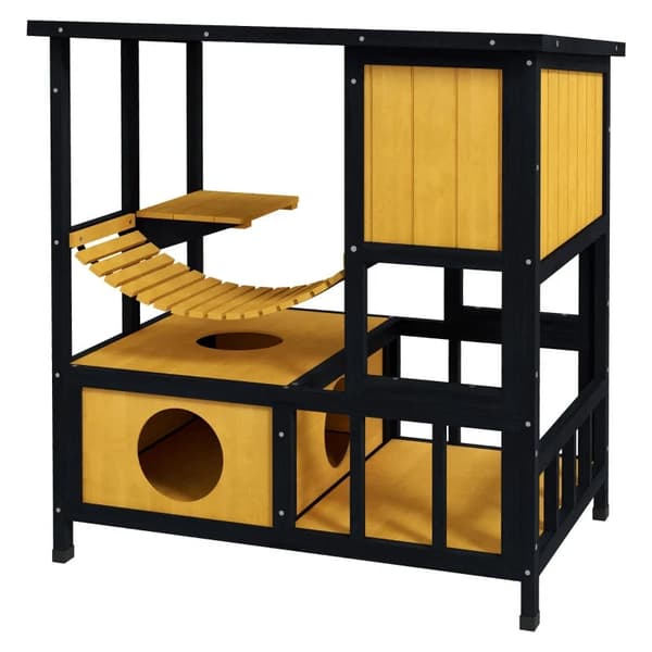 Rootz Cat House - Säänkestävä - Kissaluola - 1 ramppi - 1 taso - Puurunkorakenne - Mänty Puu-kuusi - Musta-keltainen-vihreä - 84,5L x 60L x 88K cm