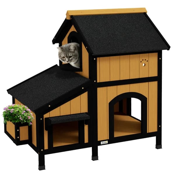 Rootz Cat House - Cat Cave - Blomsterkasse - Vandtæt - Gran Wood - Gul - Hvid - Sort - 96cm X 65cm X 85,5cm