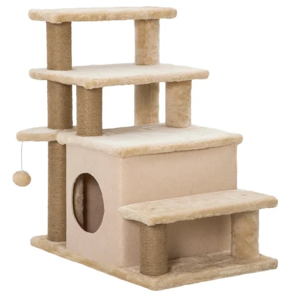 Rootz Pet Stairs - Skrapstolpe - 4 steg - Lekbollshus - Justerbar i höjdled - Spånskiva - Plysch - Filttyg - Beige - 60 X 40 X 66 Cm