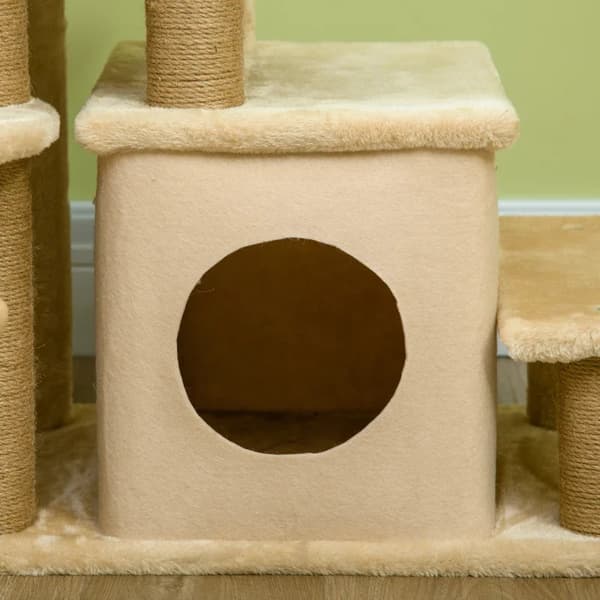 Rootz Pet Stairs - Skrapstolpe - 4 steg - Lekbollshus - Justerbar i höjdled - Spånskiva - Plysch - Filttyg - Beige - 60 X 40 X 66 Cm