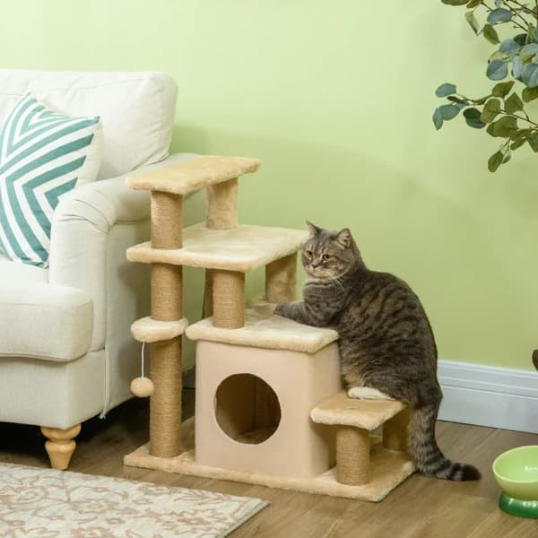 Rootz Pet Stairs - Skrapstolpe - 4 steg - Lekbollshus - Justerbar i höjdled - Spånskiva - Plysch - Filttyg - Beige - 60 X 40 X 66 Cm