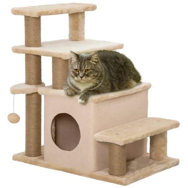 Rootz Pet Stairs - Skrapstolpe - 4 steg - Lekbollshus - Justerbar i höjdled - Spånskiva - Plysch - Filttyg - Beige - 60 X 40 X 66 Cm