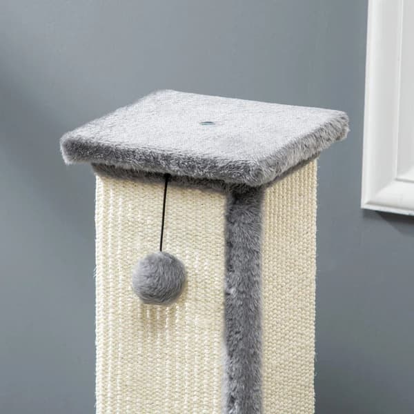 Rootz Cat kradsestolpe med legetøjskugle - Katteskraber - Plys - Sisal - Hængebold - Cremefarvet + Grå - 41cm x 41cm x 81cm