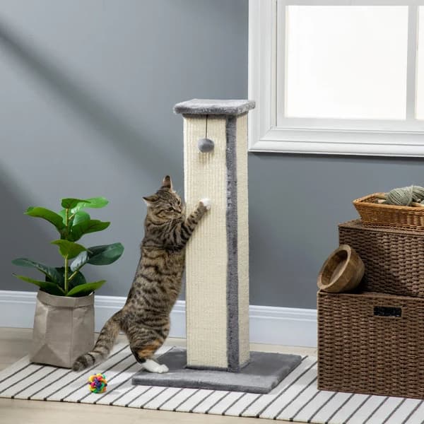 Rootz Cat kradsestolpe med legetøjskugle - Katteskraber - Plys - Sisal - Hængebold - Cremefarvet + Grå - 41cm x 41cm x 81cm