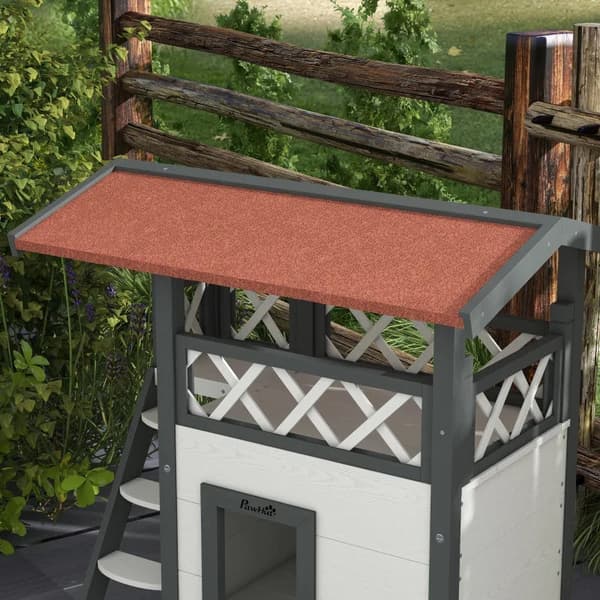 Rootz Cat House - Pet Kennel - Asfalttag - 2 Niveauer 1 Stige - Grantræ - Hvid + Rød - L77 x B50 x H73 cm