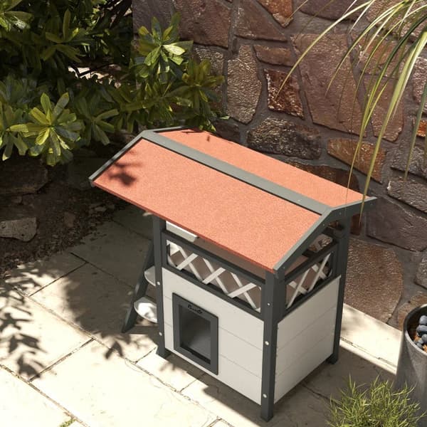 Rootz Cat House - Pet Kennel - Asfalttag - 2 Niveauer 1 Stige - Grantræ - Hvid + Rød - L77 x B50 x H73 cm