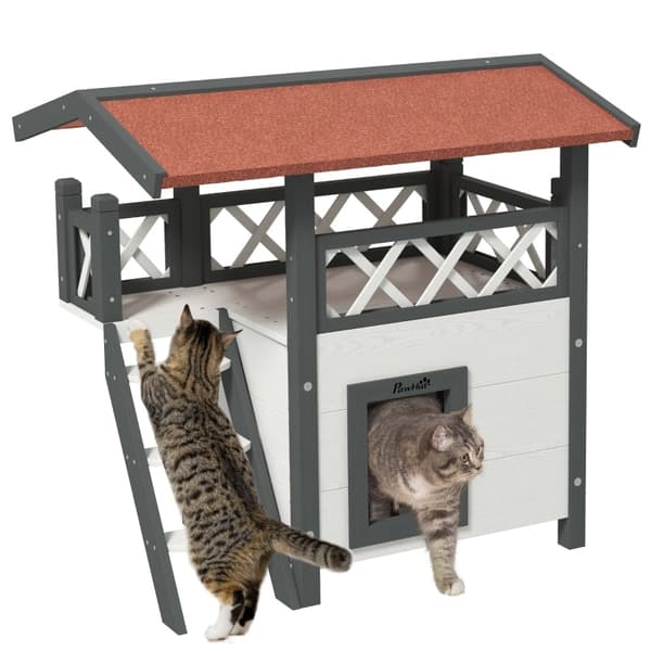 Rootz Cat House - Pet Kennel - Asfalttag - 2 Niveauer 1 Stige - Grantræ - Hvid + Rød - L77 x B50 x H73 cm
