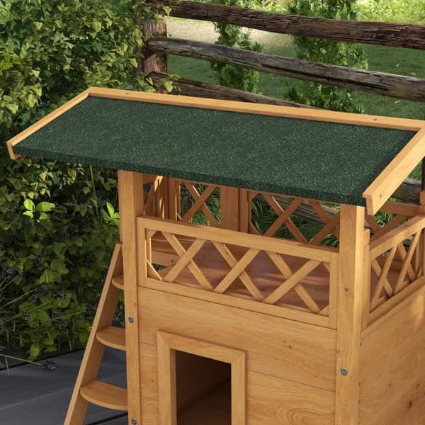 Rootz Cat House - Pet Kennel - Asfalt tag - 2 niveauer - 1 stige - Gran Wood - Naturlig + Grøn - L77 x B50 x H73 cm