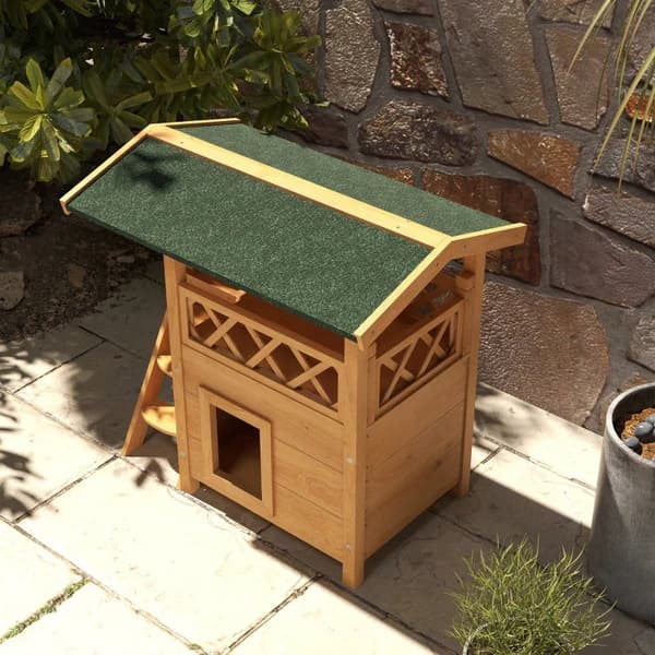 Rootz Cat House - Pet Kennel - Asfalt tag - 2 niveauer - 1 stige - Gran Wood - Naturlig + Grøn - L77 x B50 x H73 cm