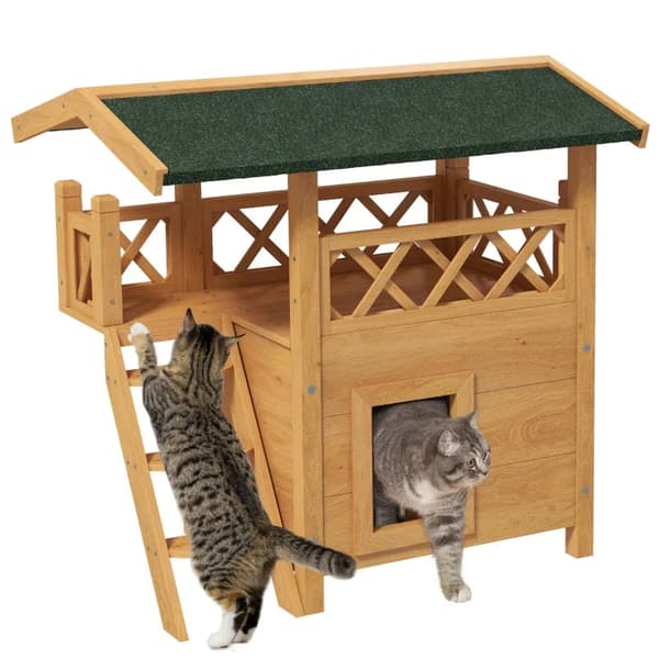 Rootz Cat House - Pet Kennel - Asfalt tag - 2 niveauer - 1 stige - Gran Wood - Naturlig + Grøn - L77 x B50 x H73 cm
