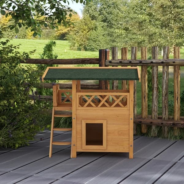 Rootz Cat House - Pet Kennel - Asfalt tag - 2 niveauer - 1 stige - Gran Wood - Naturlig + Grøn - L77 x B50 x H73 cm