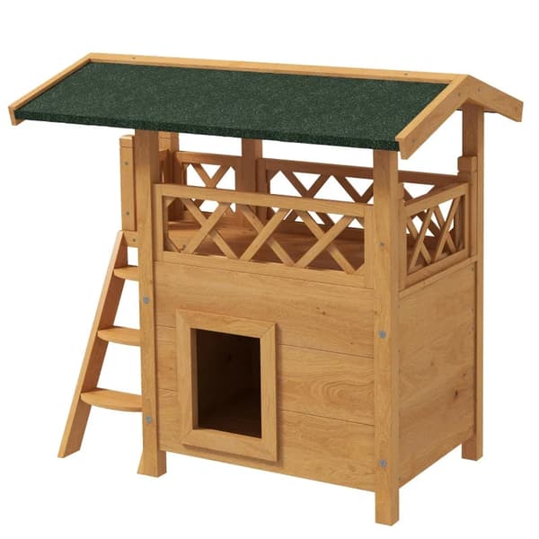 Rootz Cat House - Pet Kennel - Asfalt tag - 2 niveauer - 1 stige - Gran Wood - Naturlig + Grøn - L77 x B50 x H73 cm