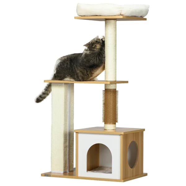 Rootz Kradsestolpe - Kattetræ - Kattehule - 1 Kattehule - 1 liggeflade - Brun + Hvid - 59,5 cm x 39,5 cm x 114 cm