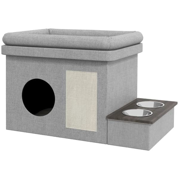 Rootz Cat House - Ruokintapaikka - 2 ruostumattomasta teräksestä valmistettua kulhoa - Raapimismatto - Pehmeä lepotuolityyny - Harmaa - 78 x 48 x 49,5